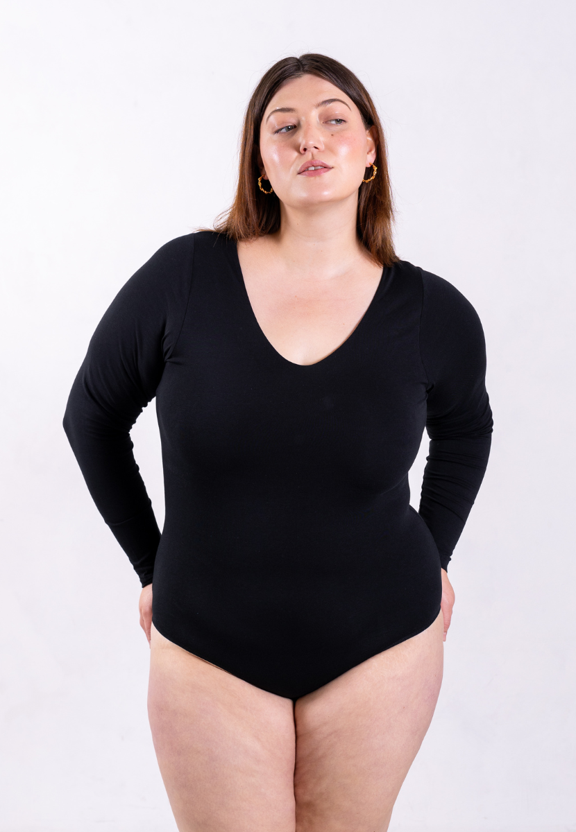 black organic cotton v-neck long sleeve bodysuit