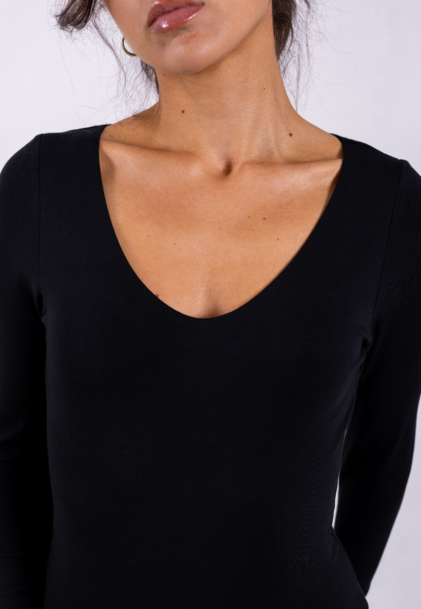 organic cotton long sleeve v-neck bodysuit black