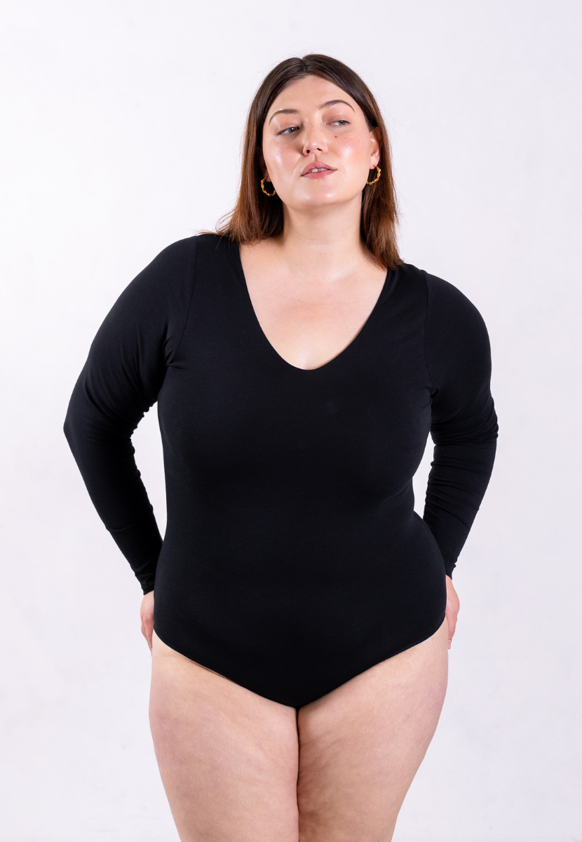 organic cotton long sleeve v-neck bodysuit black