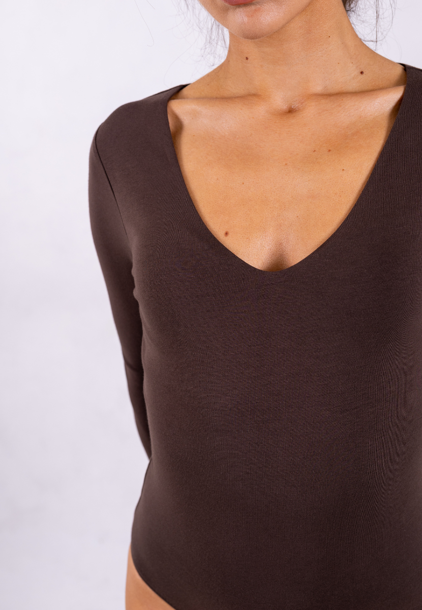 organic cotton brown long sleeve v-neck bodysuit