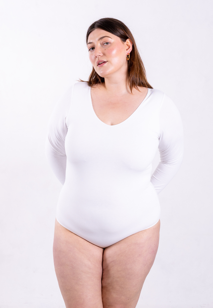 organic cotton long sleeve white v-neck bodysuit