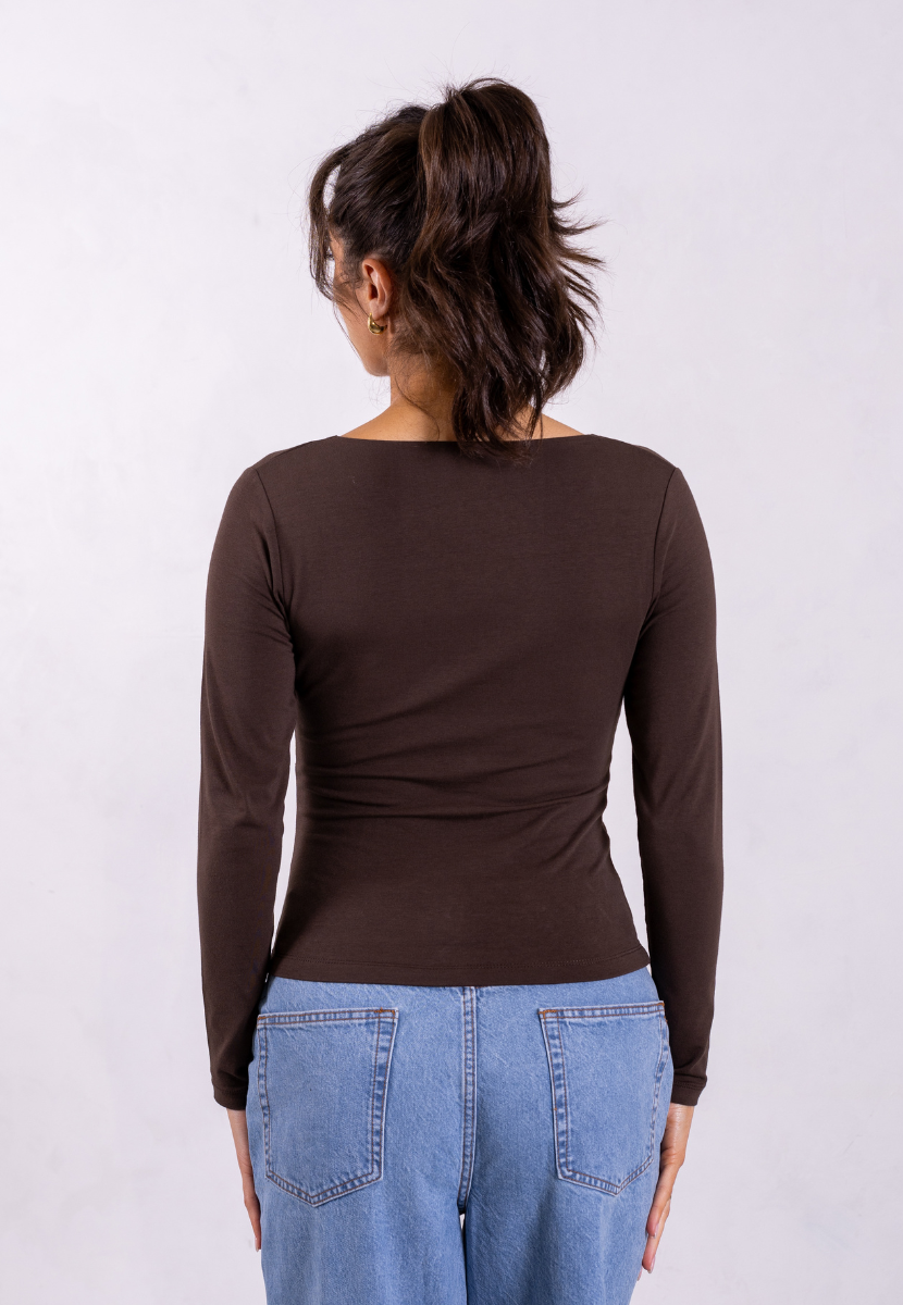 organic cotton v-neck long sleeve t-shirt brown