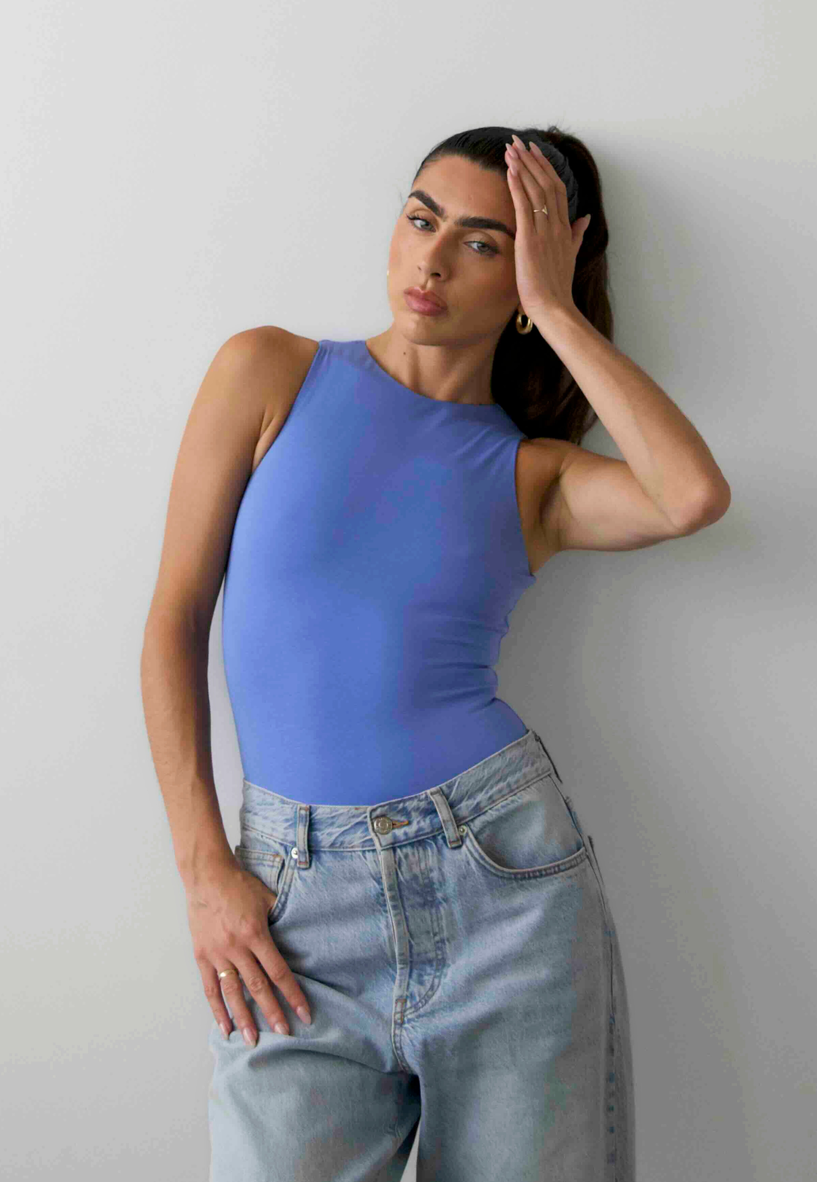 High Neck sleeveless bodysuit, Cornflower Blue, Front 