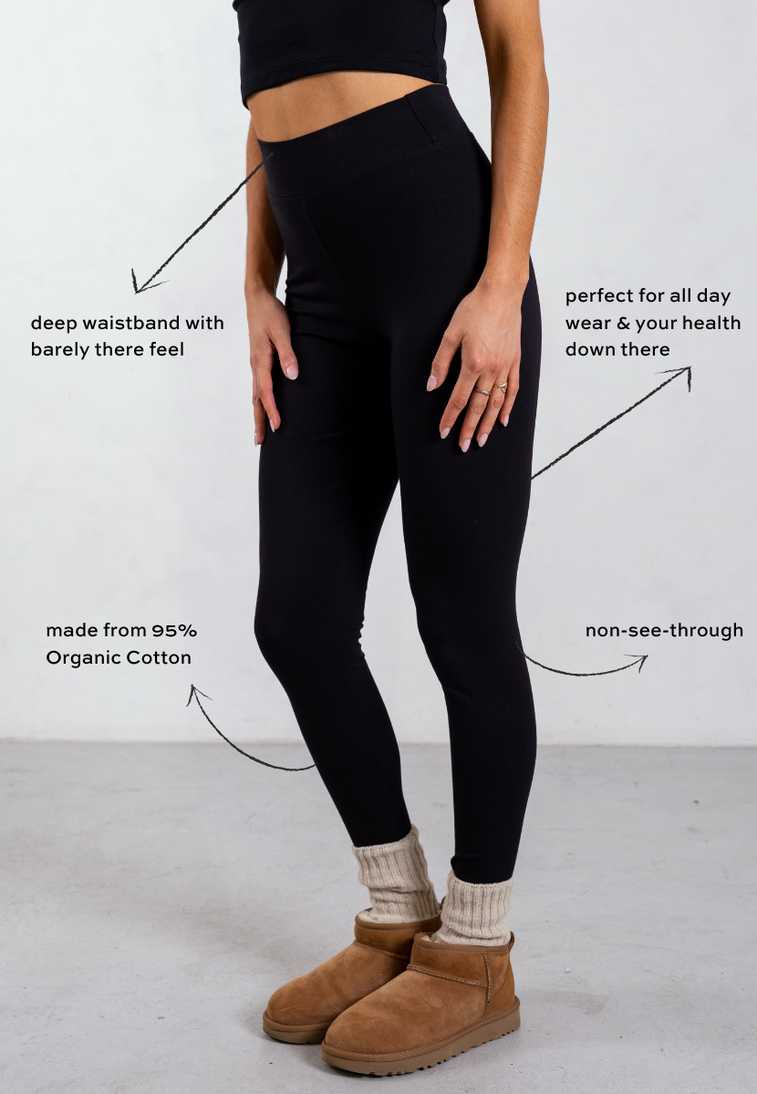 side of black organic cotton leggings