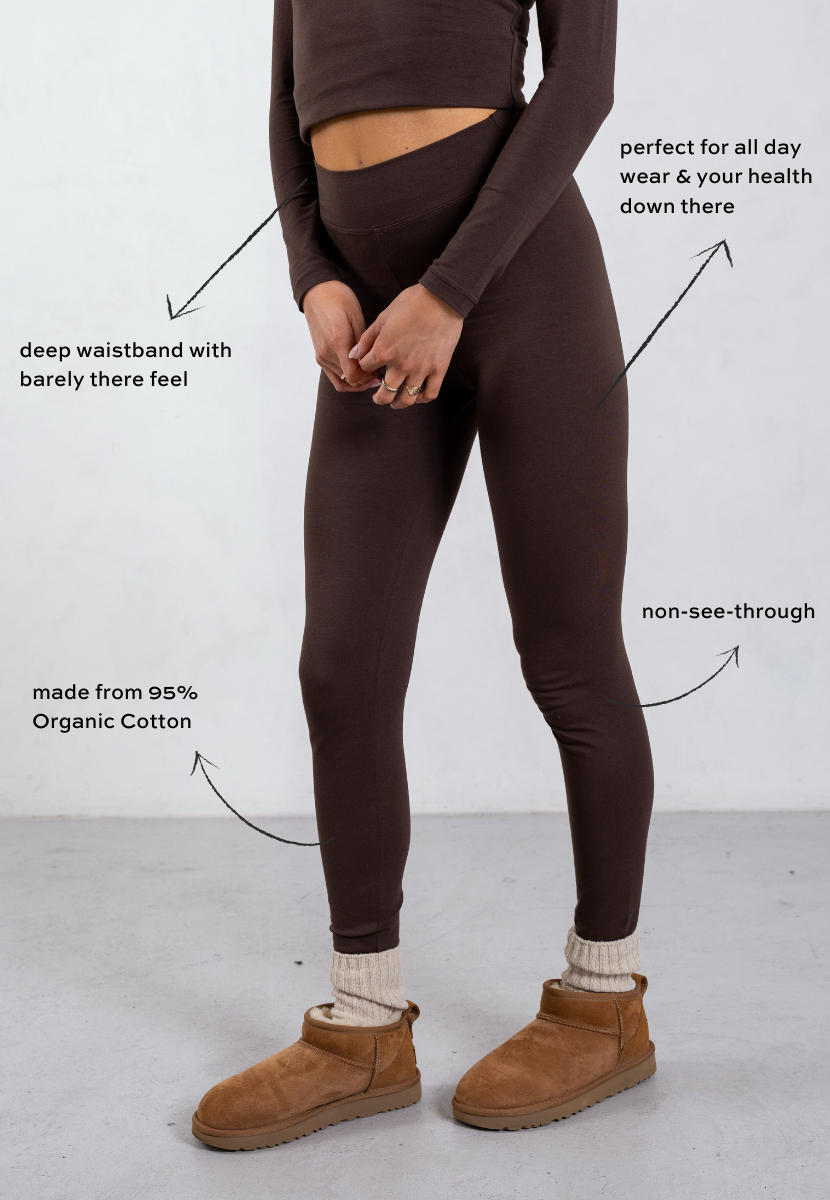 side of brown organic cotton leggings