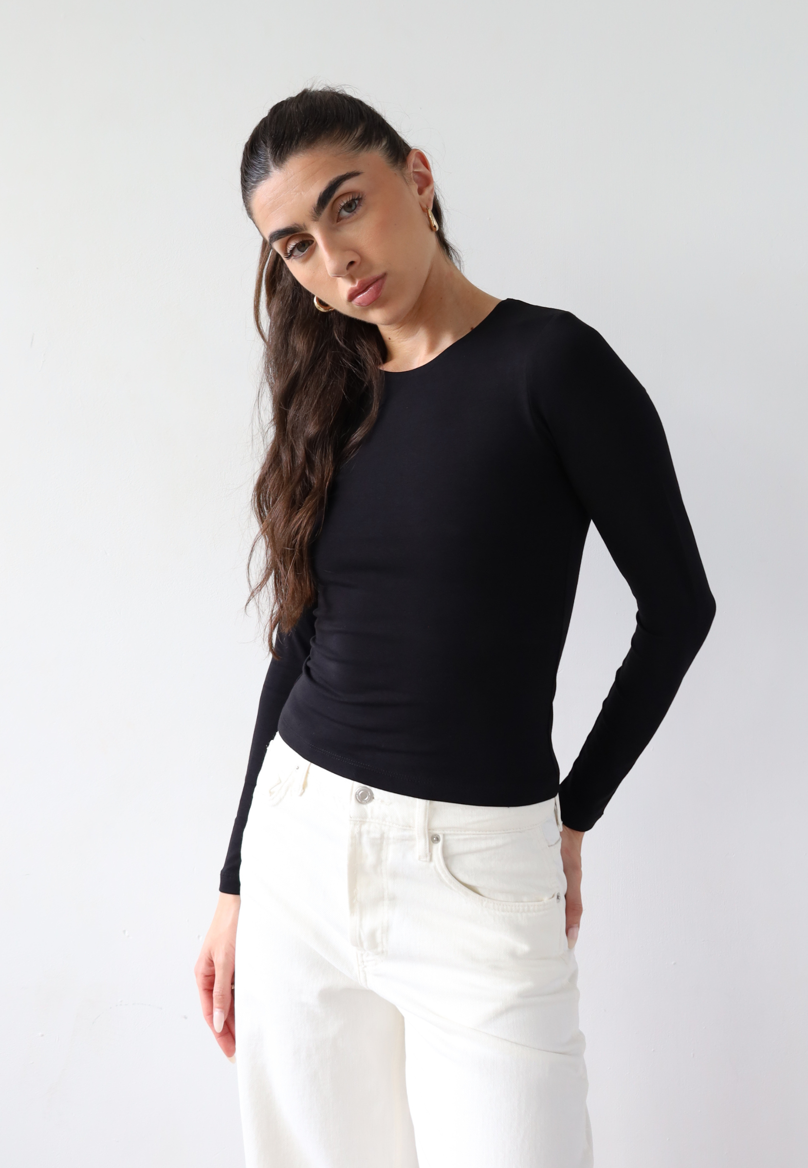 organic cotton long sleeve crew neck bodysuit, black, front
