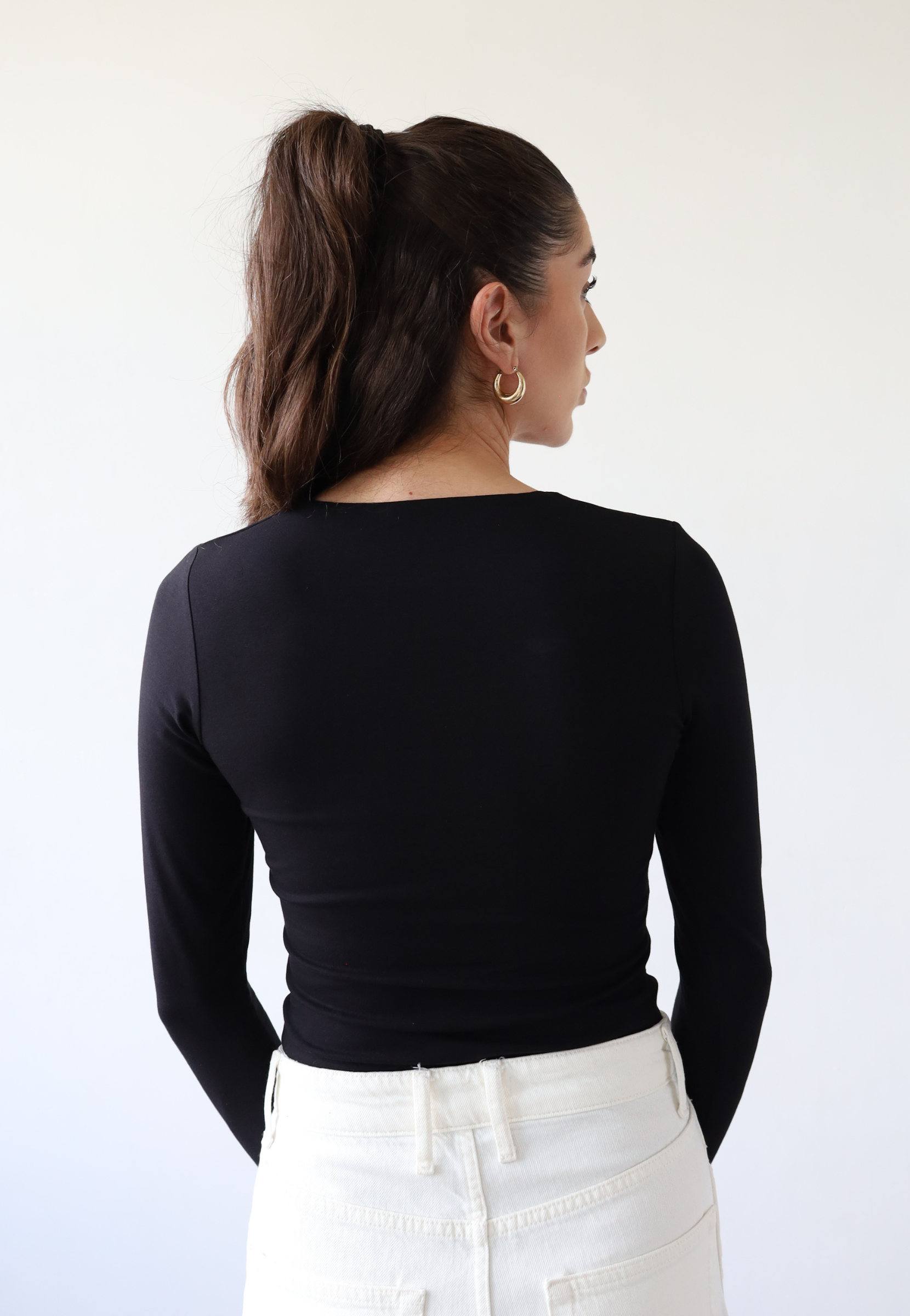 organic cotton long sleeve crew neck bodysuit, black, back