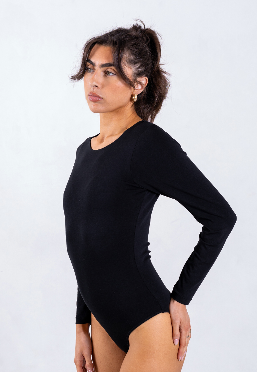 side of black organic cotton long sleeve bodysuit