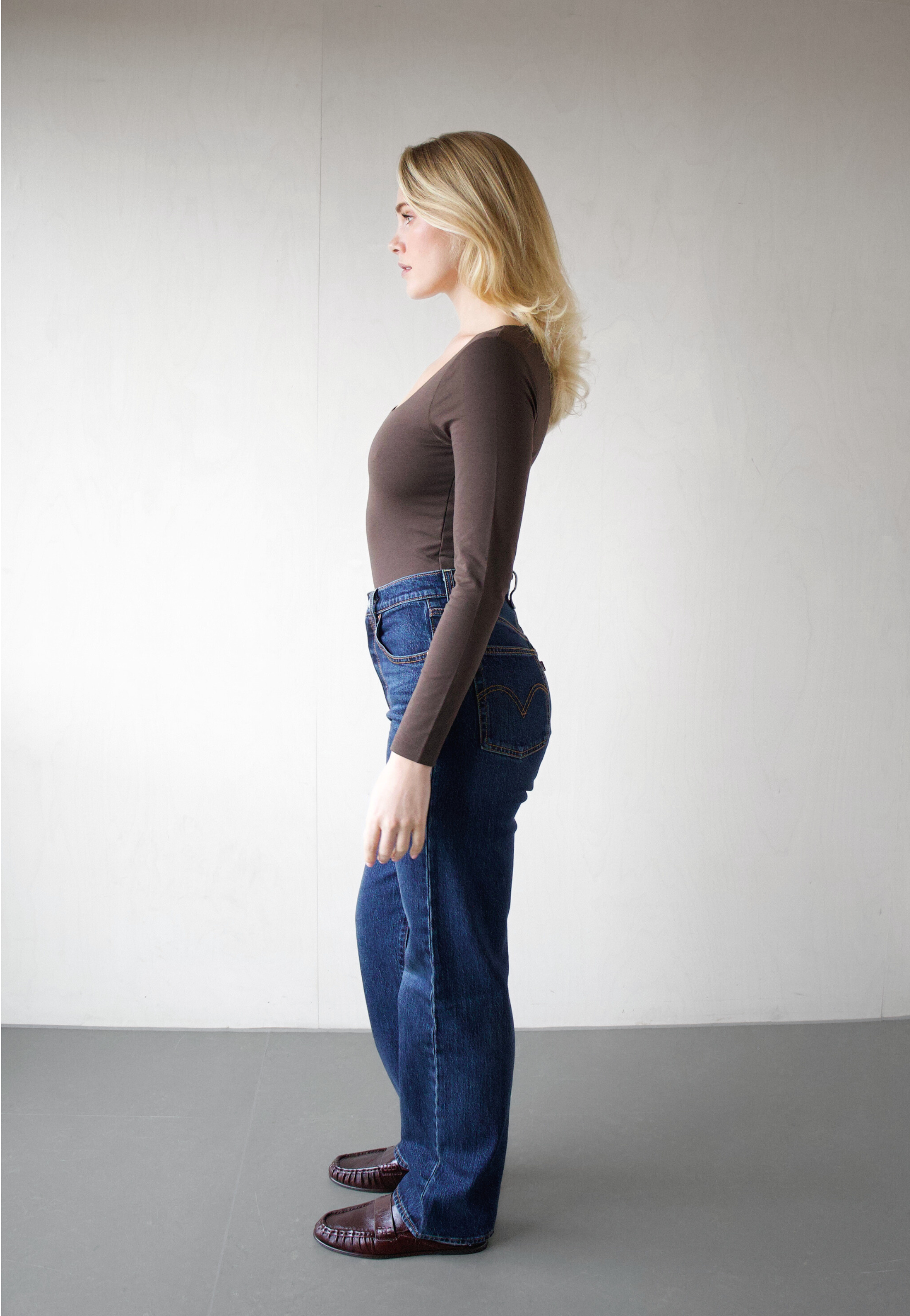 Organic cotton square-neck long sleeve bodysuit, Brown, side