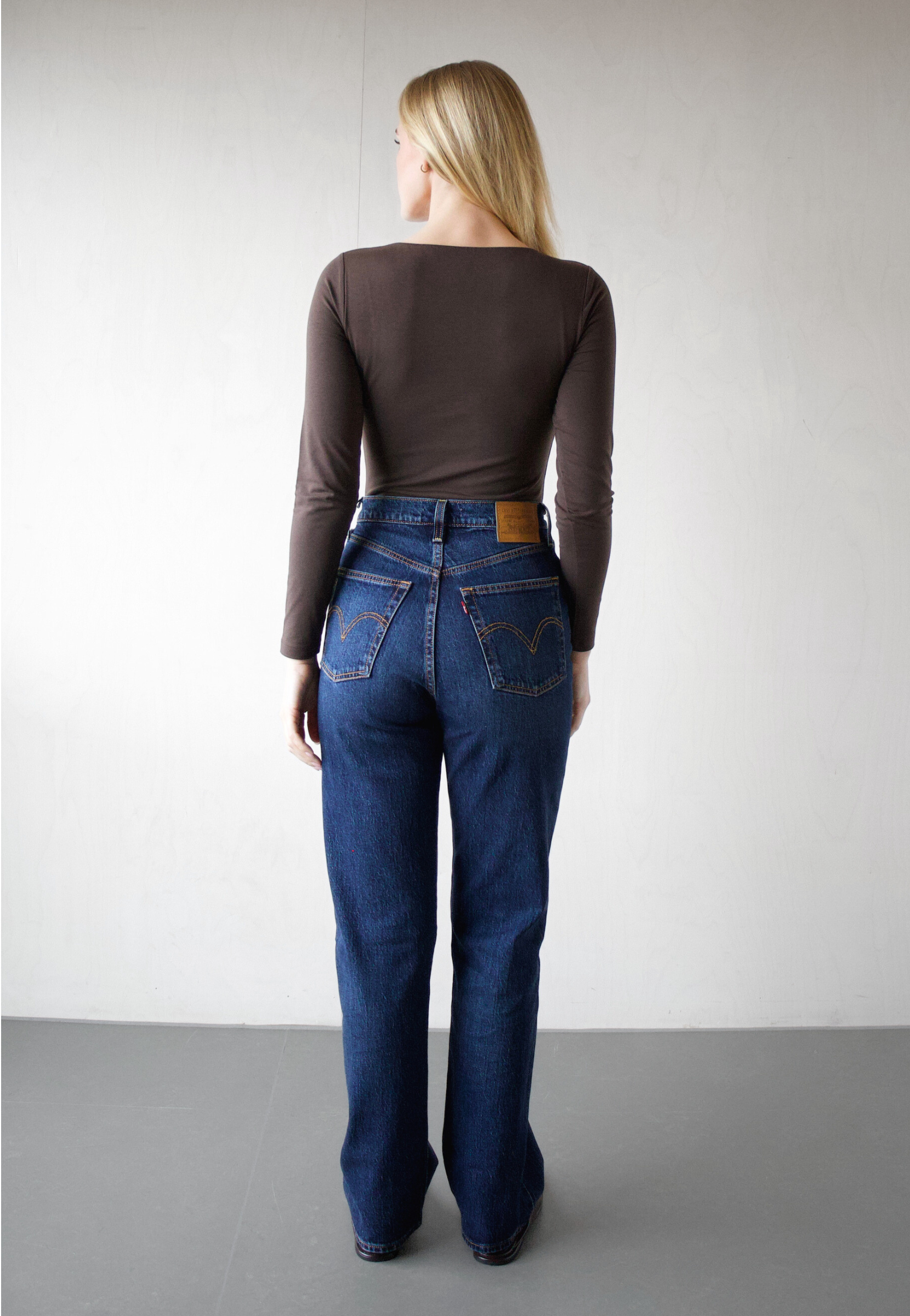 Organic cotton square-neck long sleeve bodysuit, Brown, back