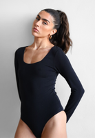 womens black organic cotton long sleeve square neck bodysuit, front 