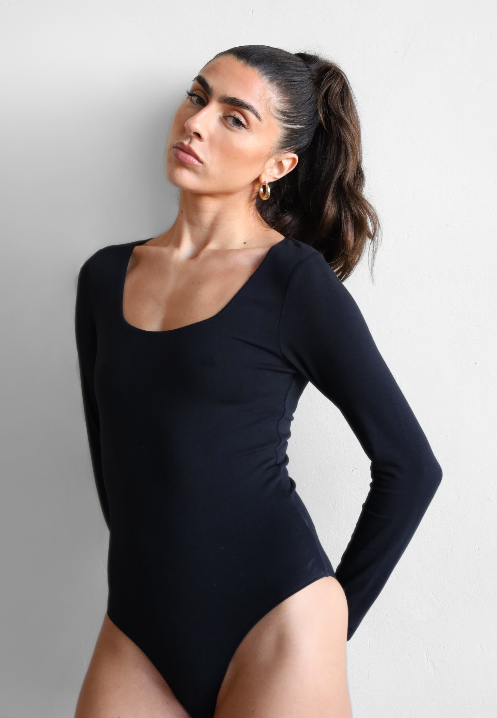 womens black organic cotton long sleeve square neck bodysuit, front 