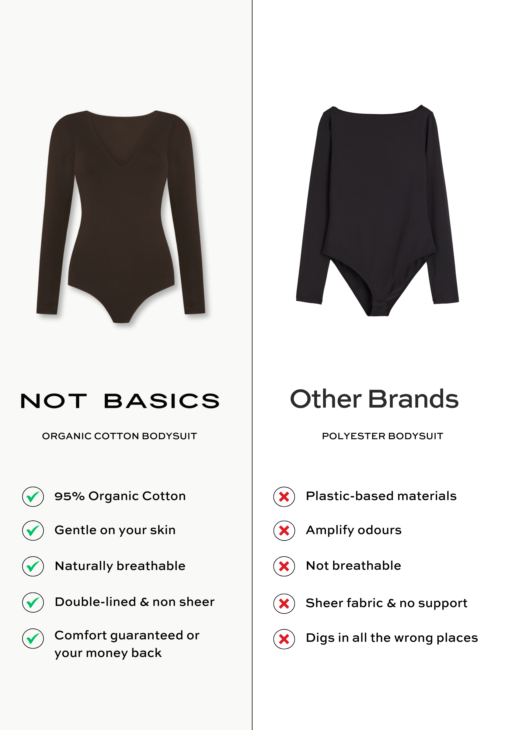 brown organic cotton v-neck long sleeve bodysuit comparison