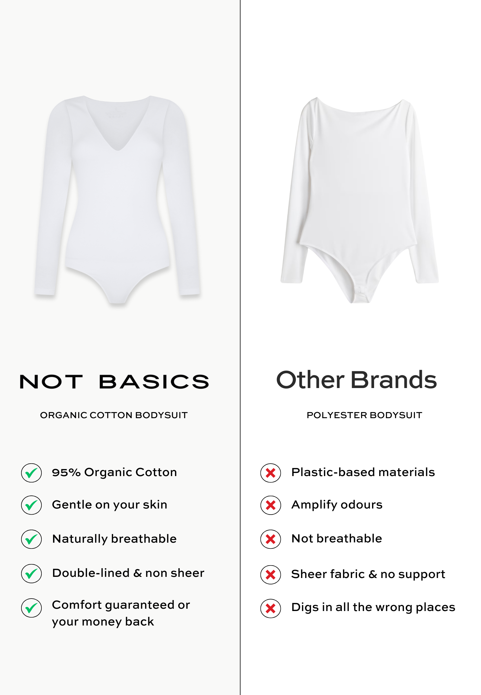white organic cotton v-neck long sleeve bodysuit comparison