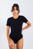 front of black organic cotton short sleeve bodysuit