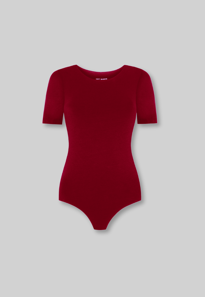 cutout of red organic cotton short sleeve crew neck bodysuit