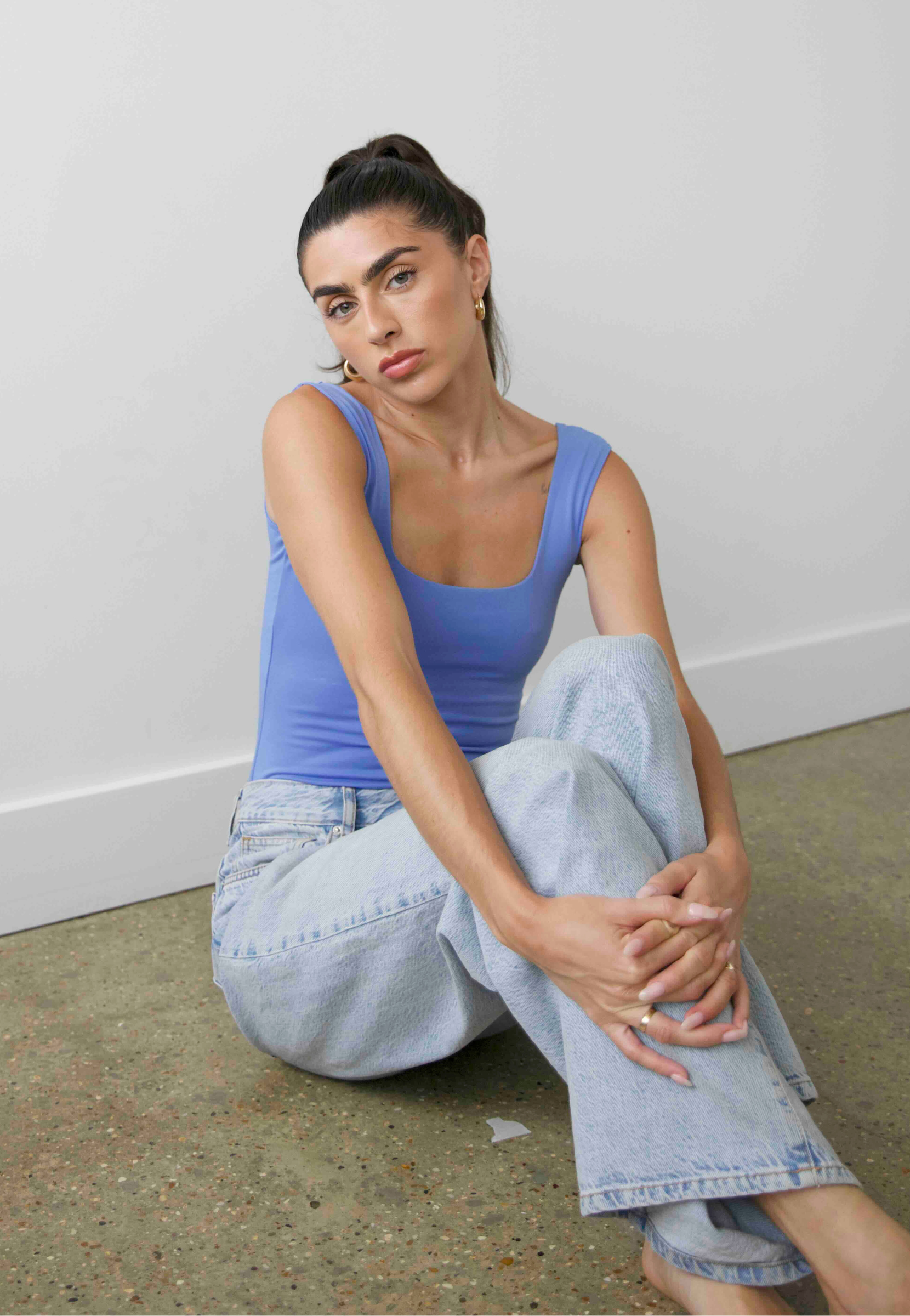 Square Neck Sleeveless bodysuit, Cornflower Blue, Front