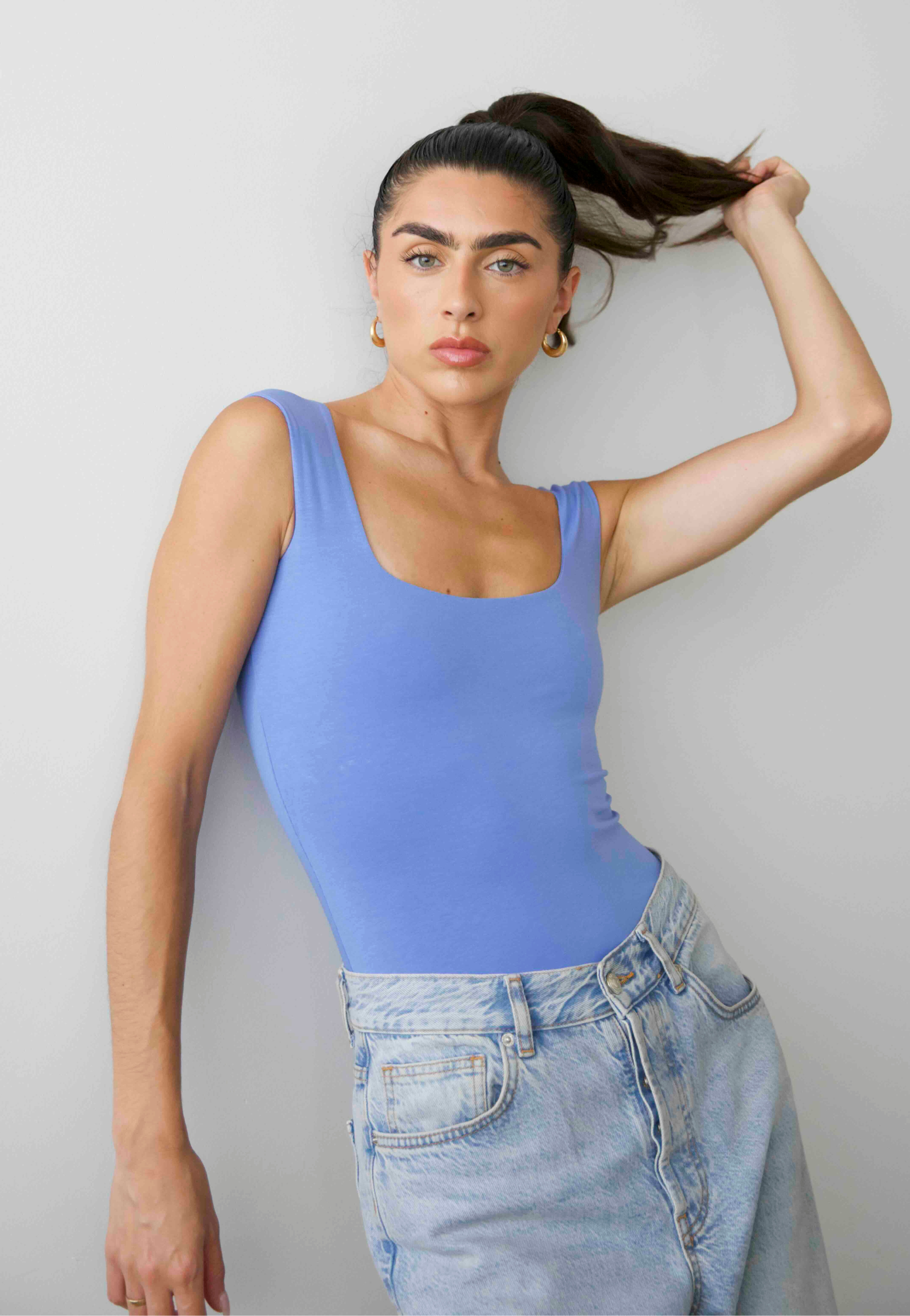 Square Neck Sleeveless bodysuit, Cornflower Blue, Front