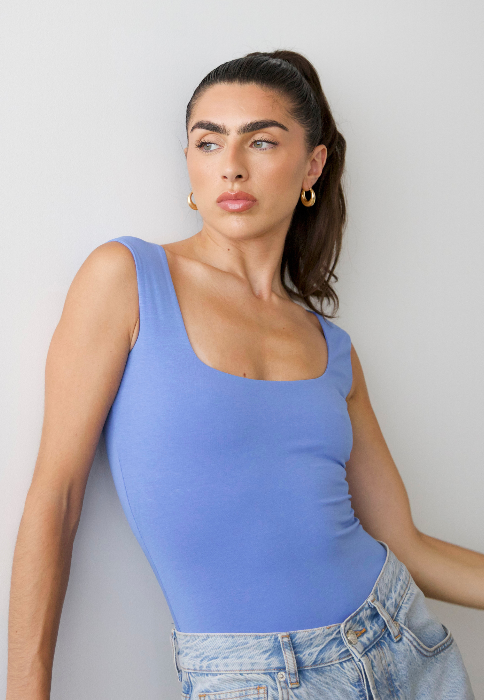 Square Neck Sleeveless bodysuit, Cornflower Blue, Front