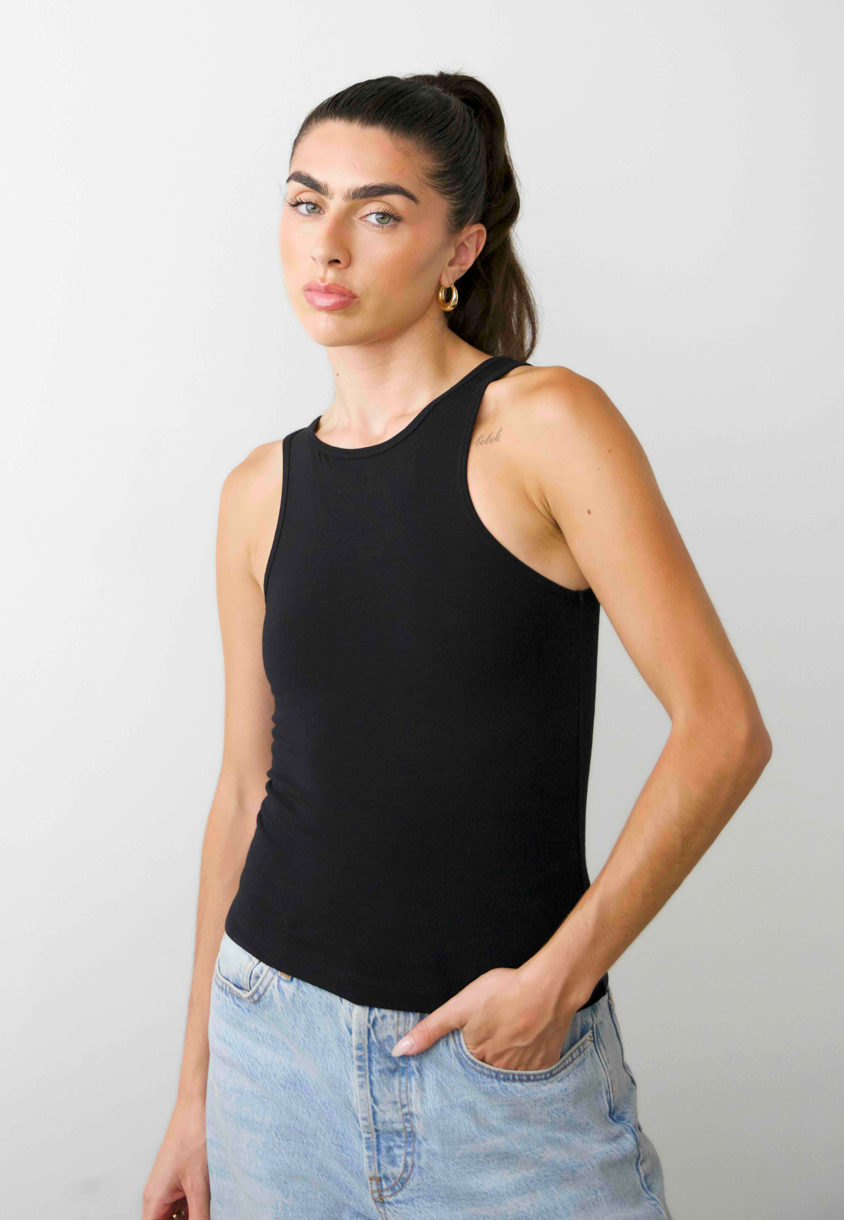 organic cotton full length high neck tank, Black, front 