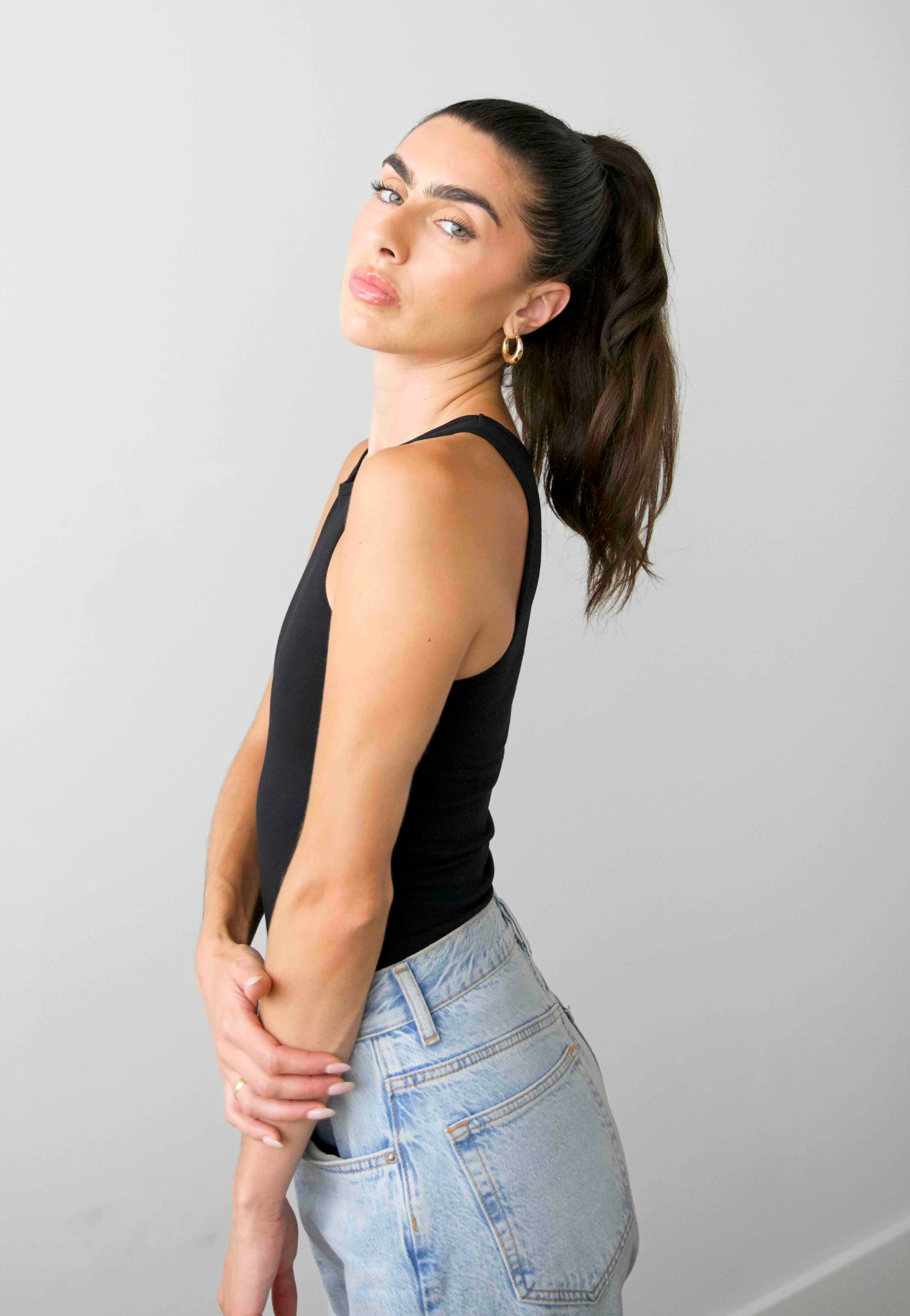 organic cotton full length high neck tank, Black, side 