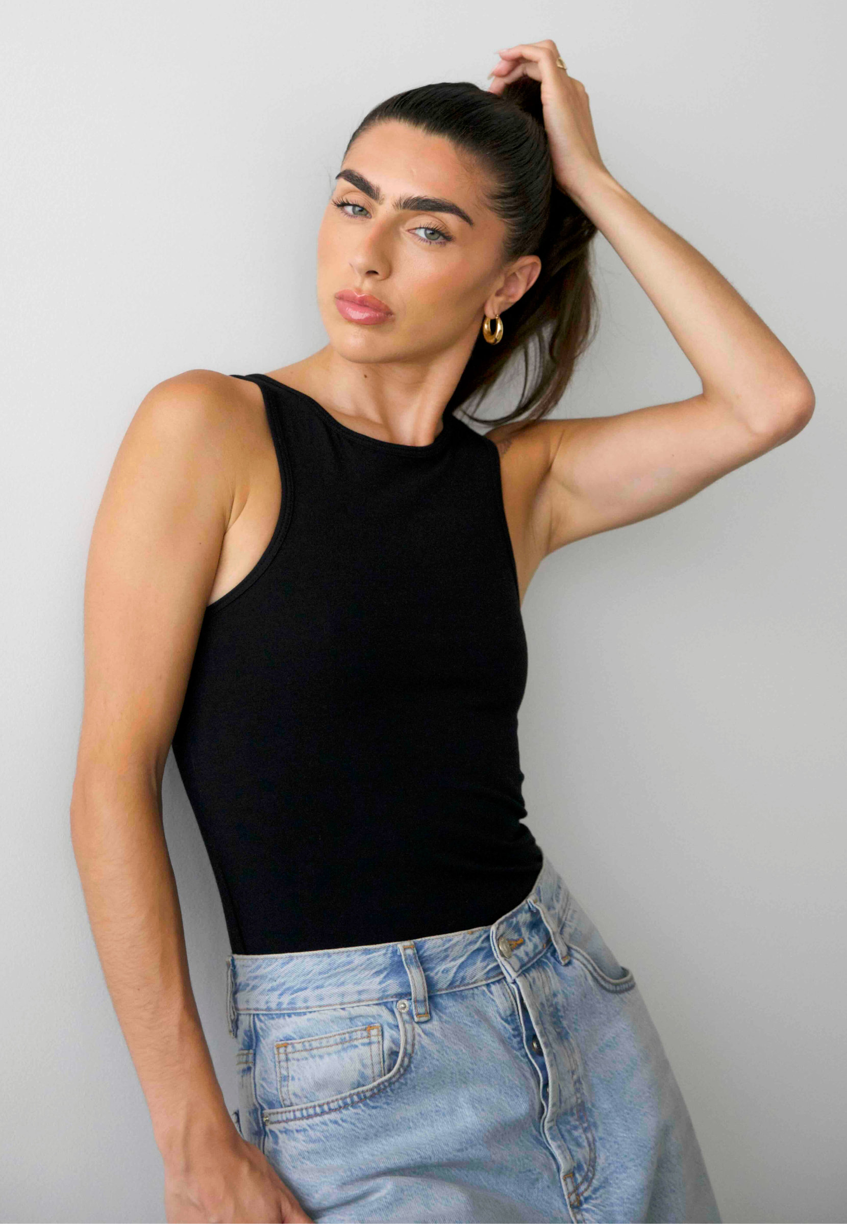 organic cotton full length high neck tank, Black, front 