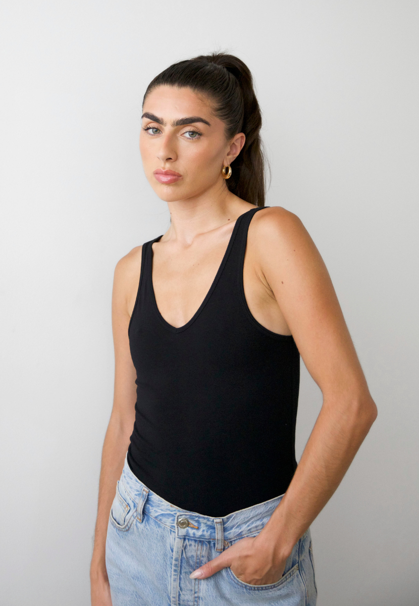 organic cotton v-neck tank top full length, black, front 