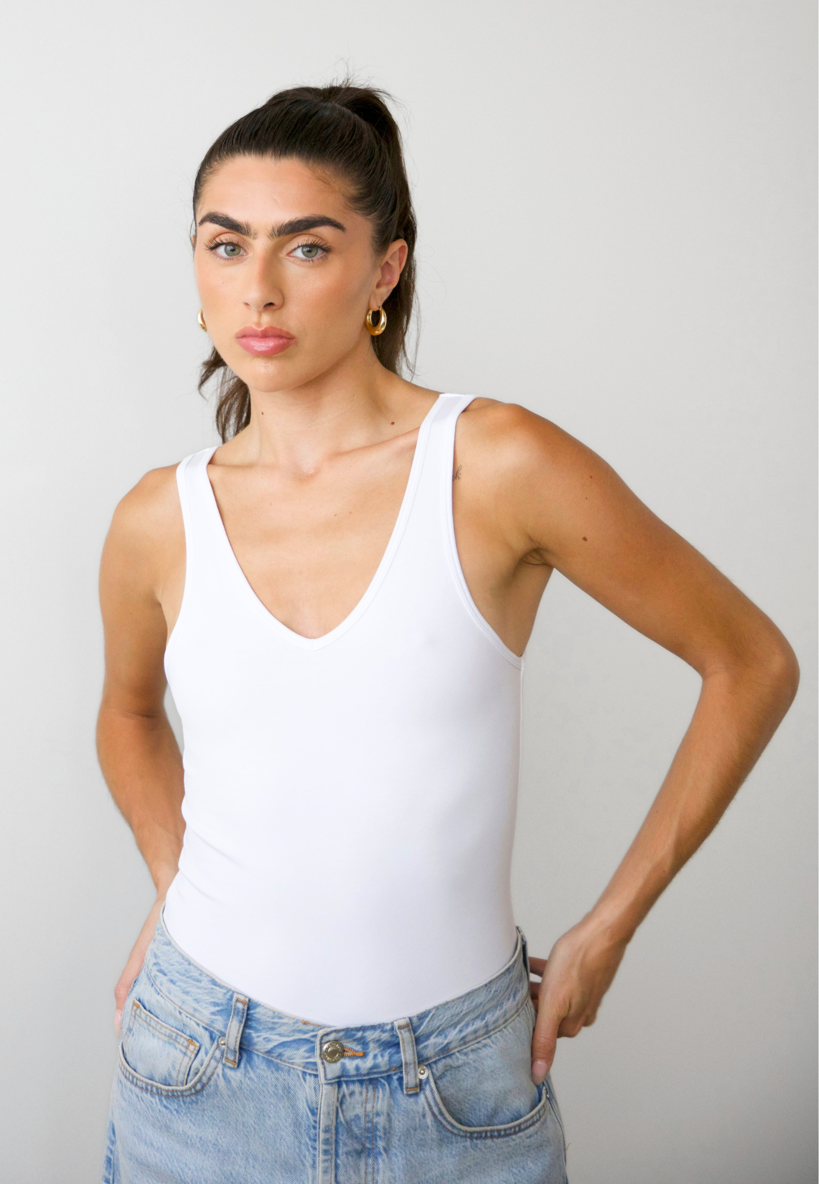 organic cotton v-neck tank top full length, white, front 