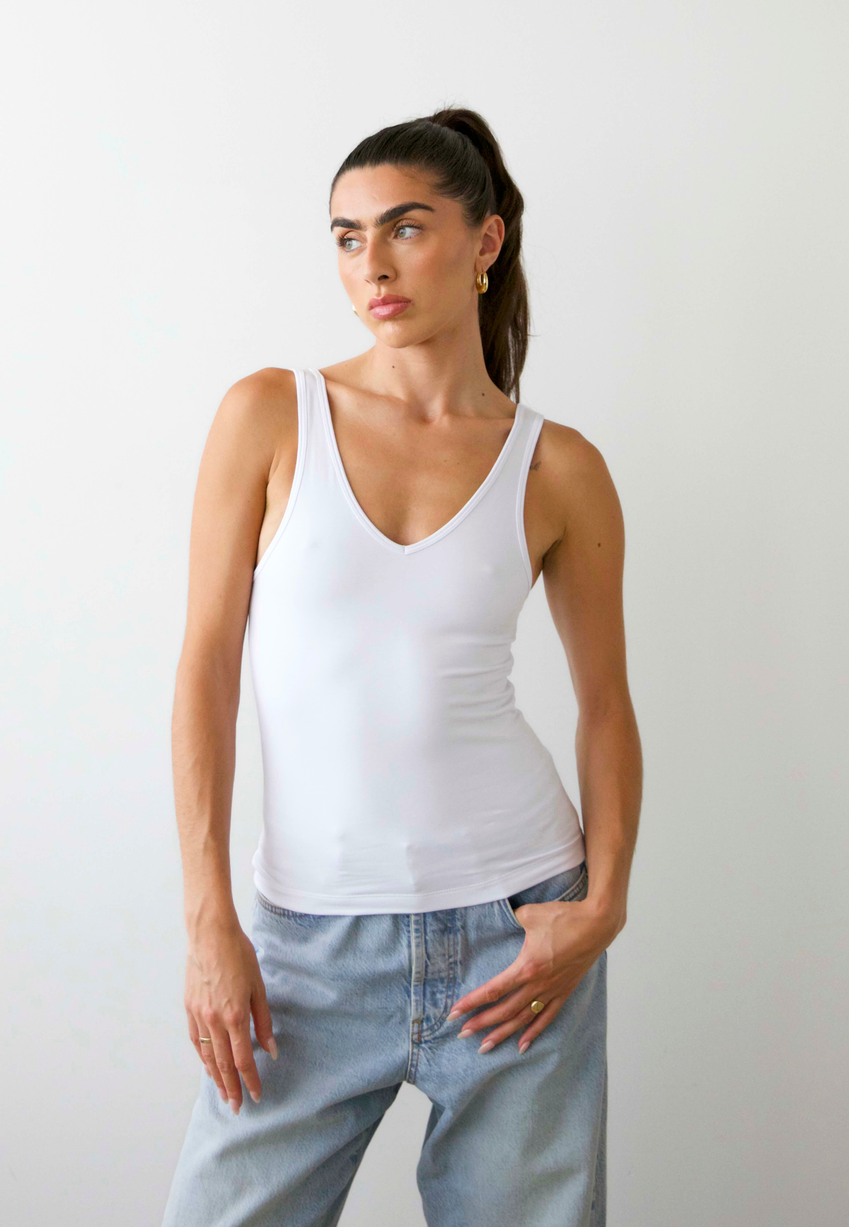 organic cotton v-neck tank top full length, white, front 