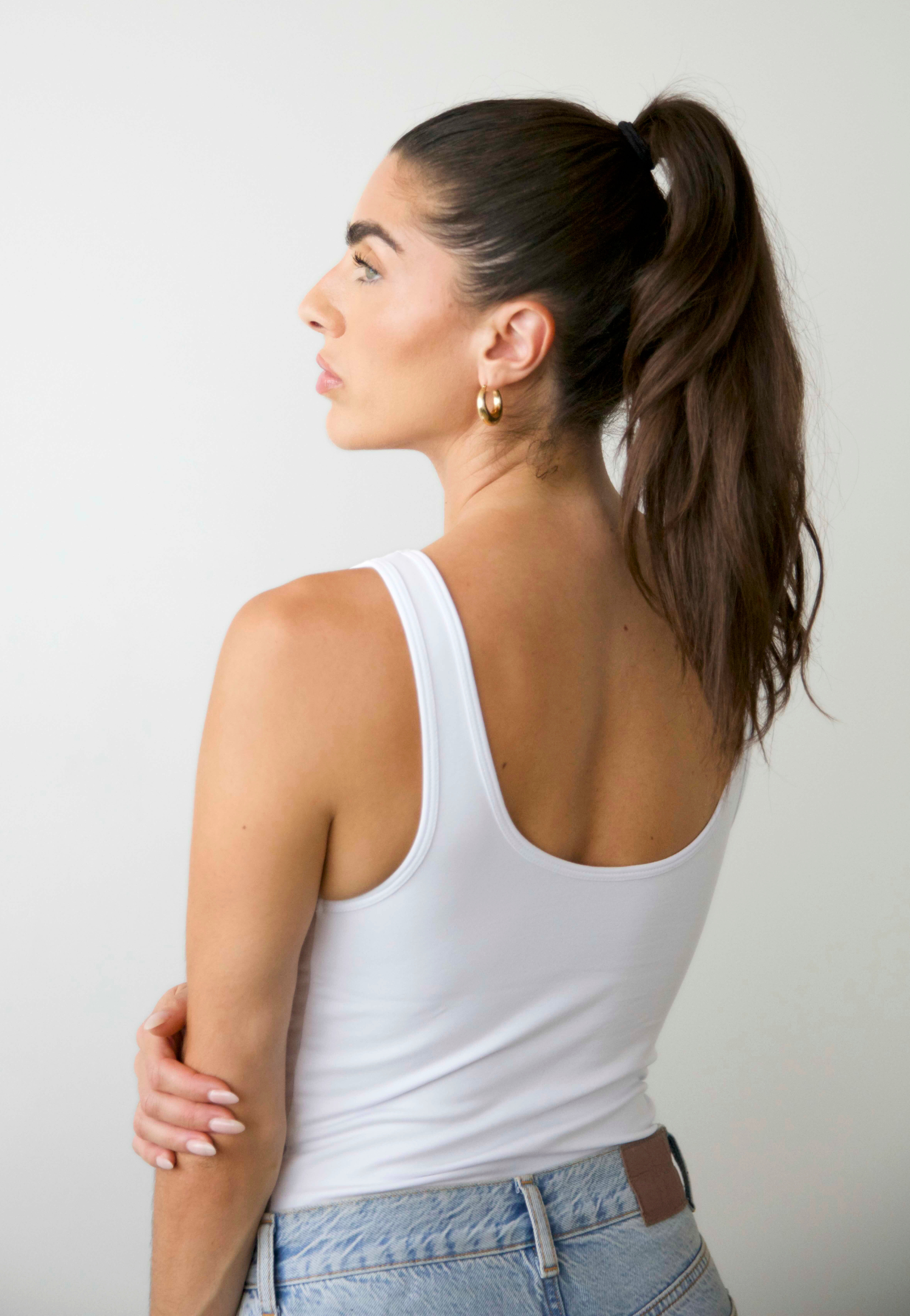 organic cotton v-neck tank top full length, white, back 