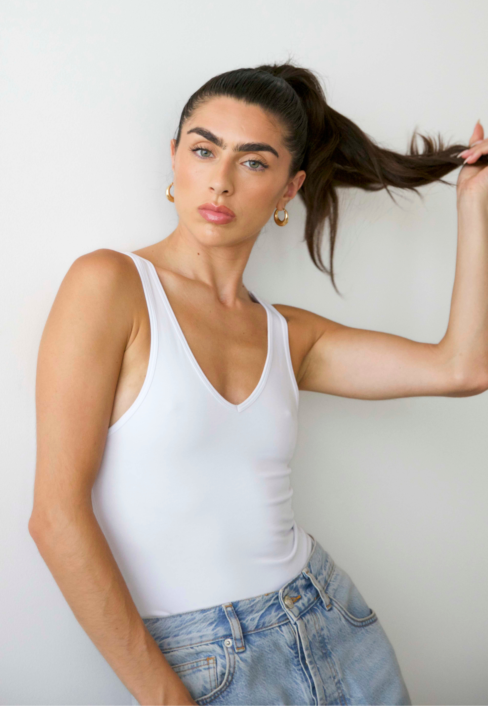 organic cotton v-neck tank top full length, white, front 