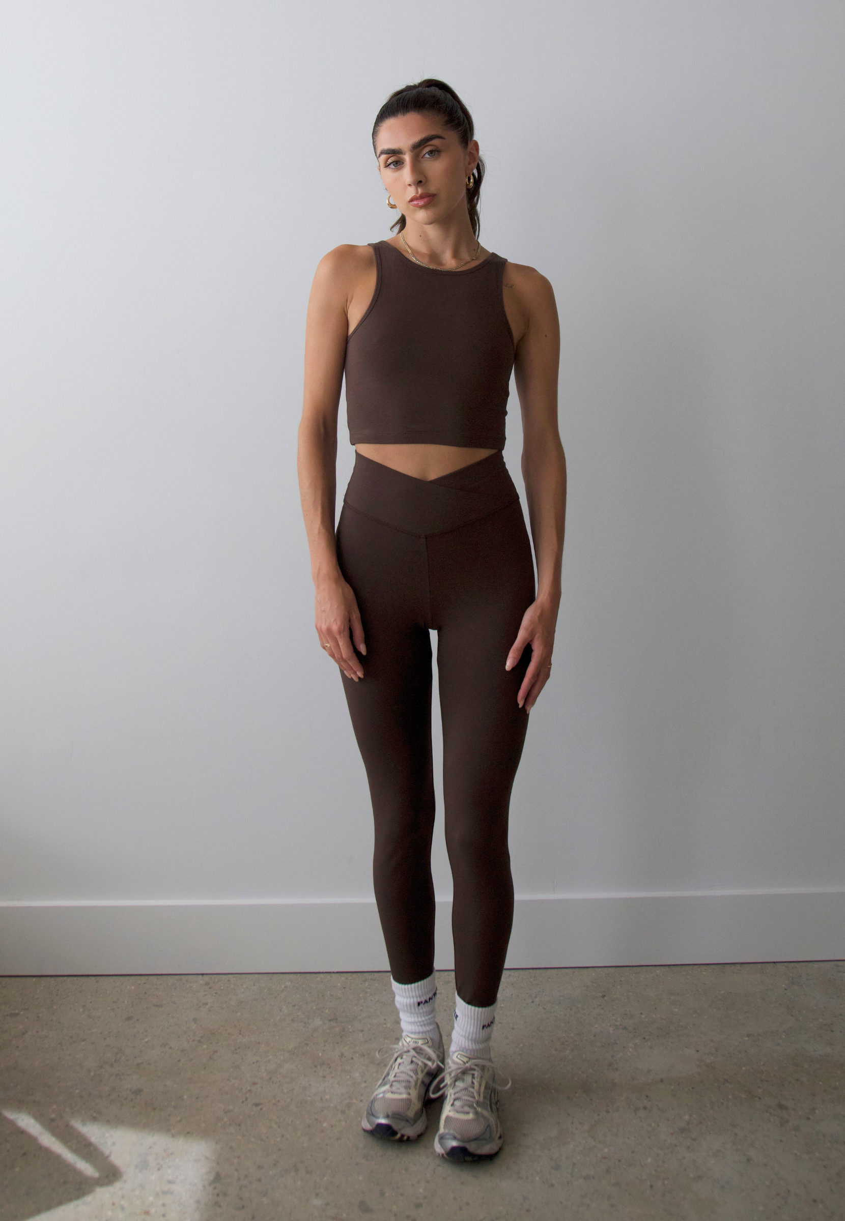 organic cotton wrap leggings, hot fudge, front 