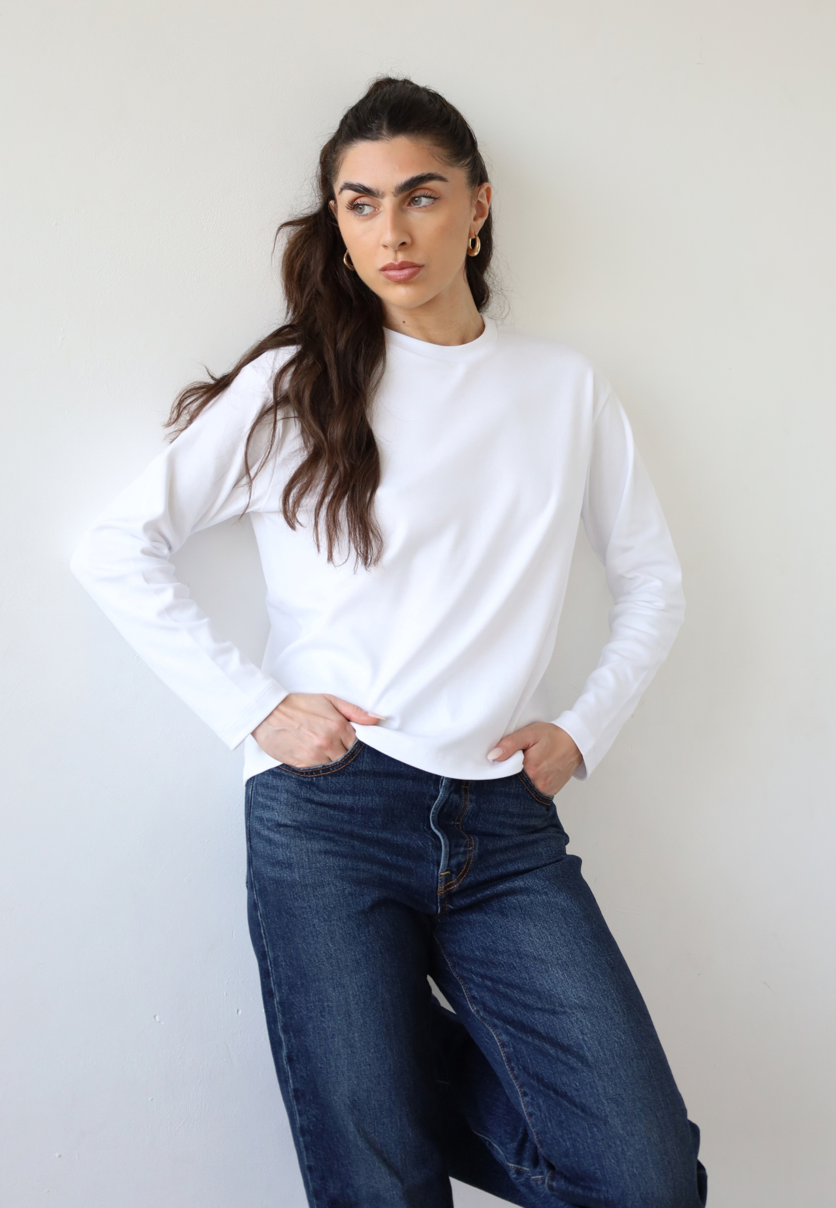 organic cotton long sleeve relaxed fit crew neck t-shirt, white, front