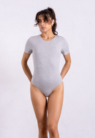 front of organic cotton crew neck short sleeve grey bodysuit