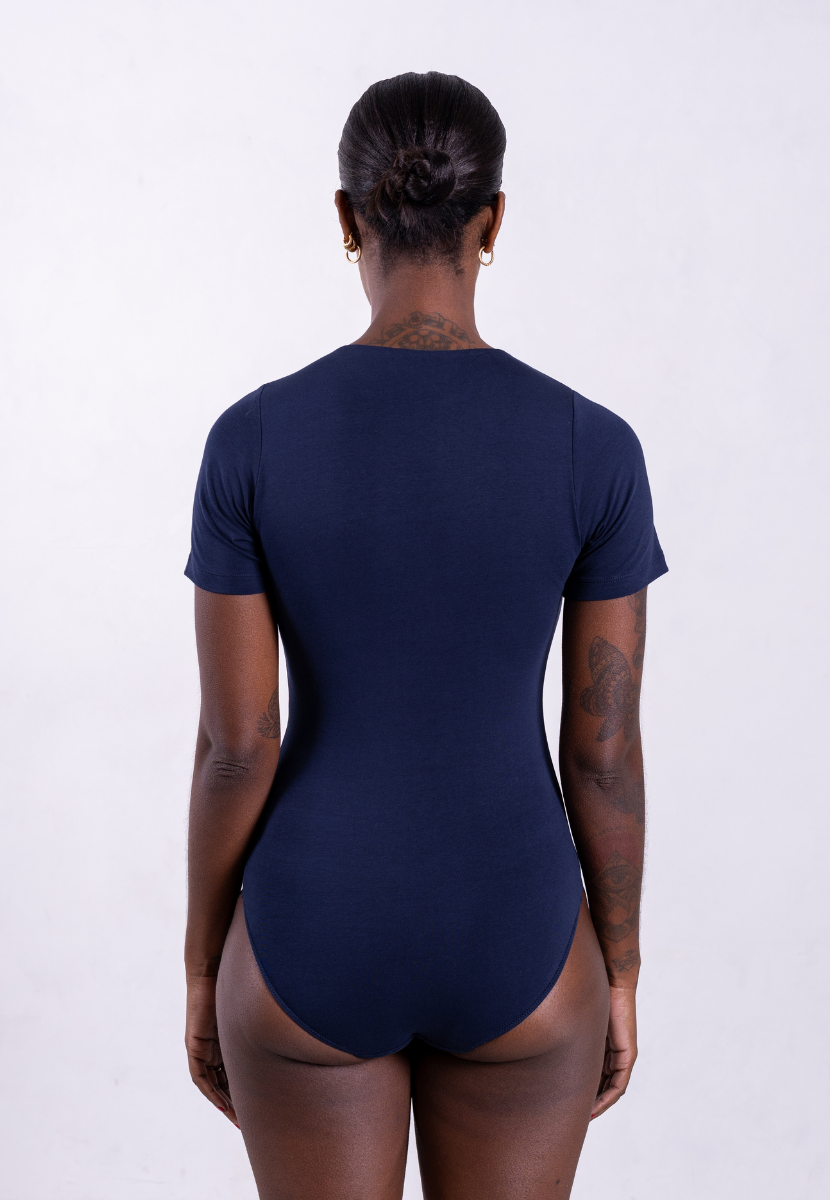 back of organic cotton crew neck navy short sleeve bodysuit