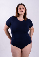 front organic cotton crew neck navy short sleeve bodysuit