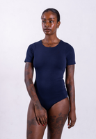 front of organic cotton crew neck navy short sleeve bodysuit