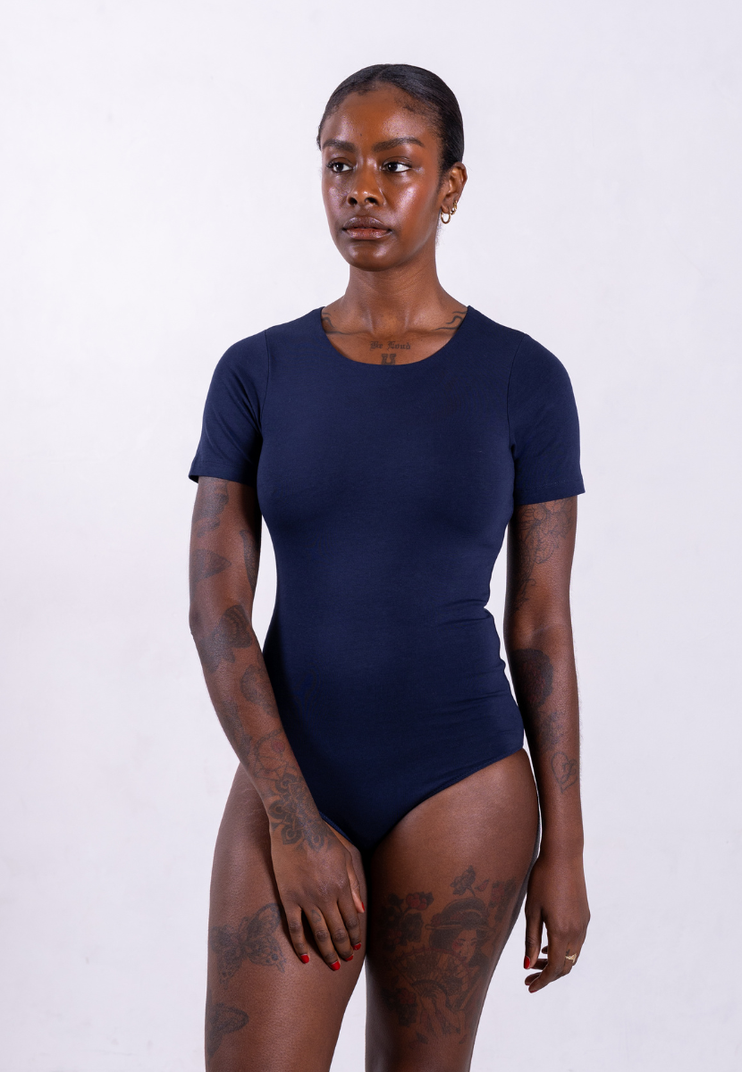 organic cotton crew neck navy short sleeve bodysuit