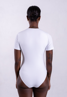 back of organic cotton crew neck white short sleeve bodysuit