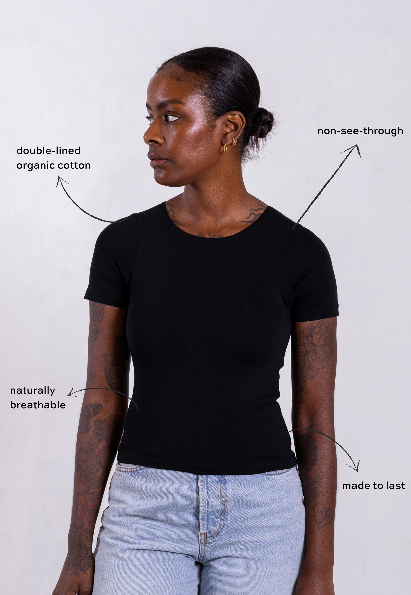 organic cotton crew neck black t-shirt, front + features