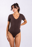 front of brown organic cotton short sleeve v-neck bodysuit