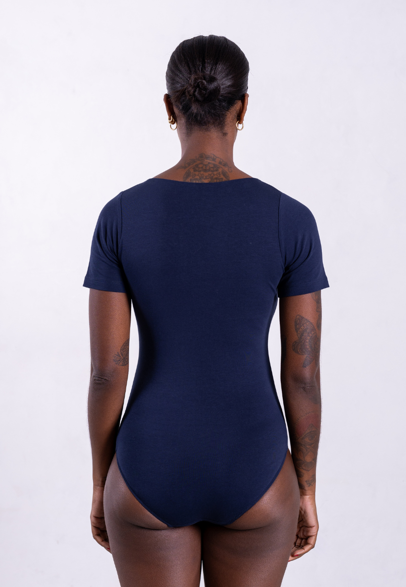 back of organic cotton v-neck short sleeve navy blue bodysuit