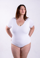 front of organic cotton short sleeve v-neck bodysuit