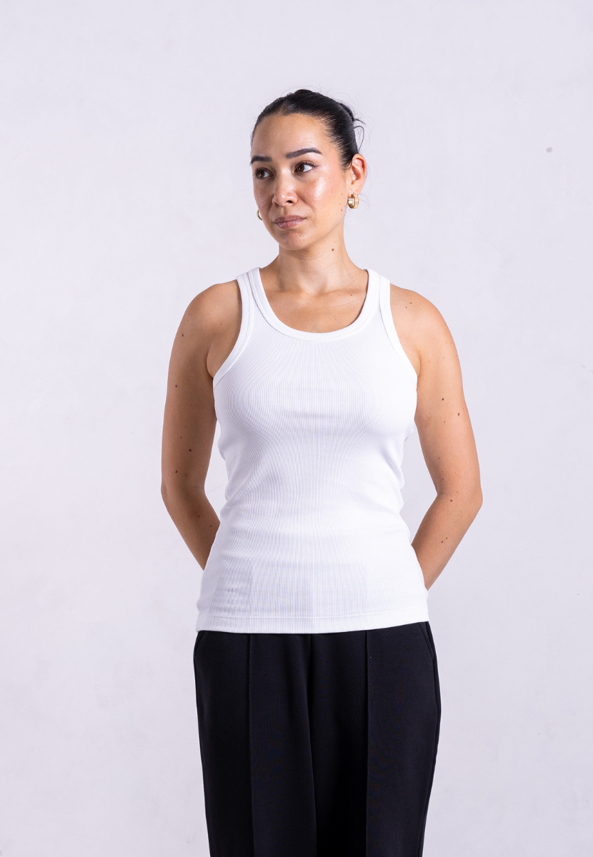white organic cotton ribbed tank top for women, untucked