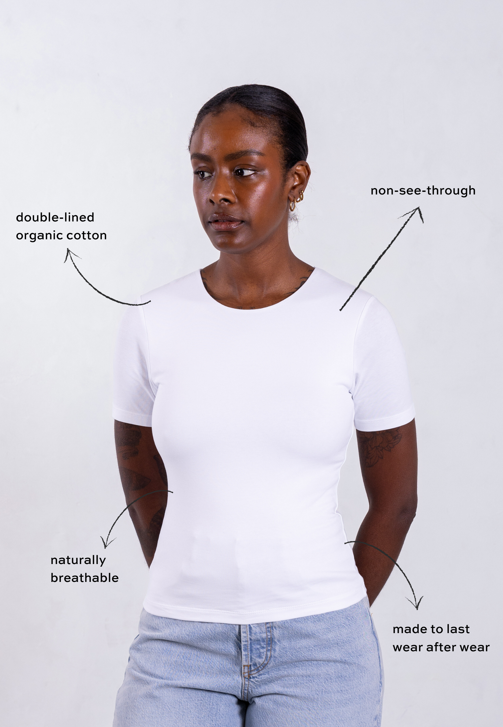 Woman wearing white organic cotton t-shirt with annotated features highlighting double-lined fabric, non-see-through material, natural breathability, and durable construction