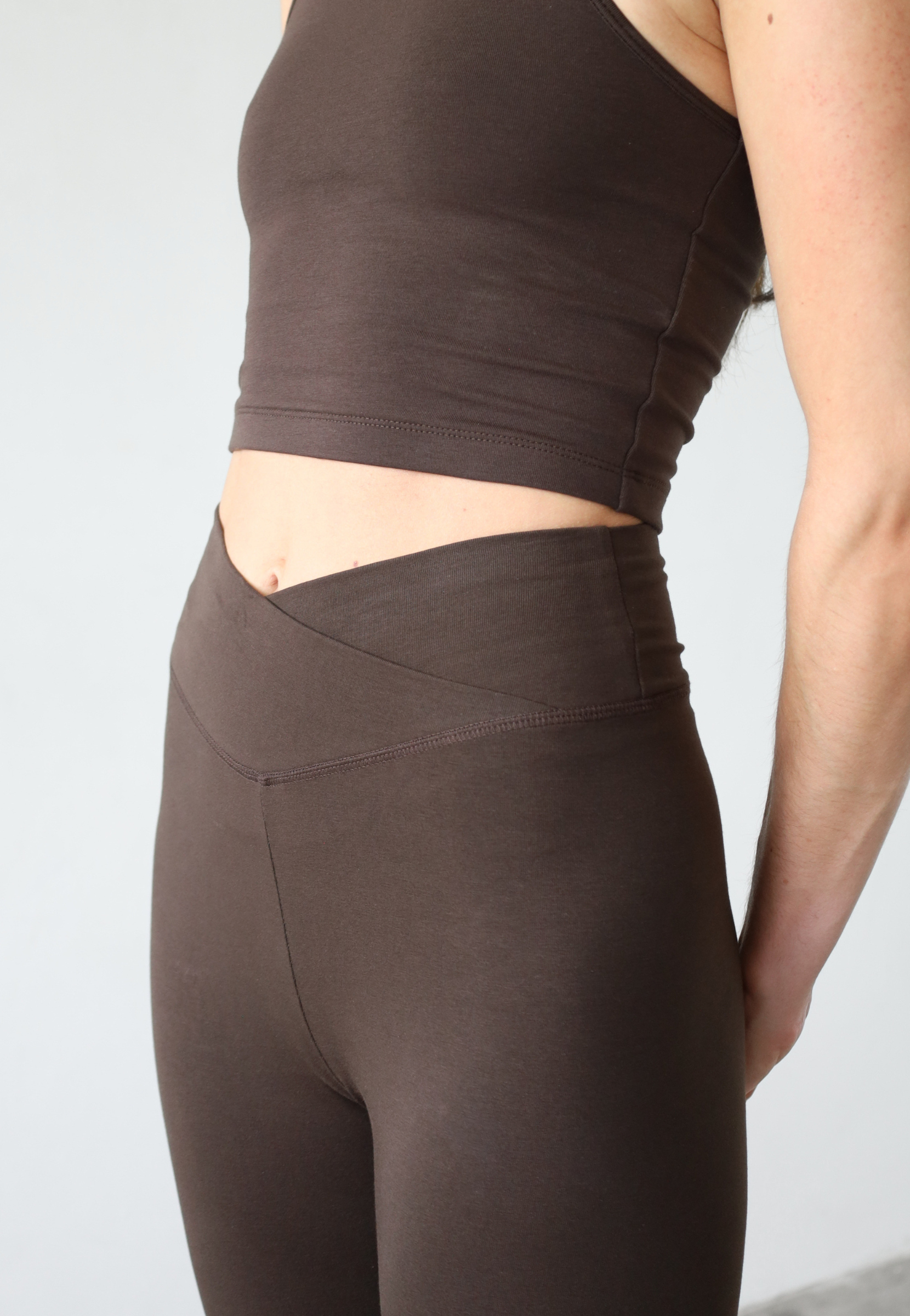 organic cotton brown wrap waist leggings, front detail