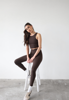 organic cotton brown wrap waist leggings, front